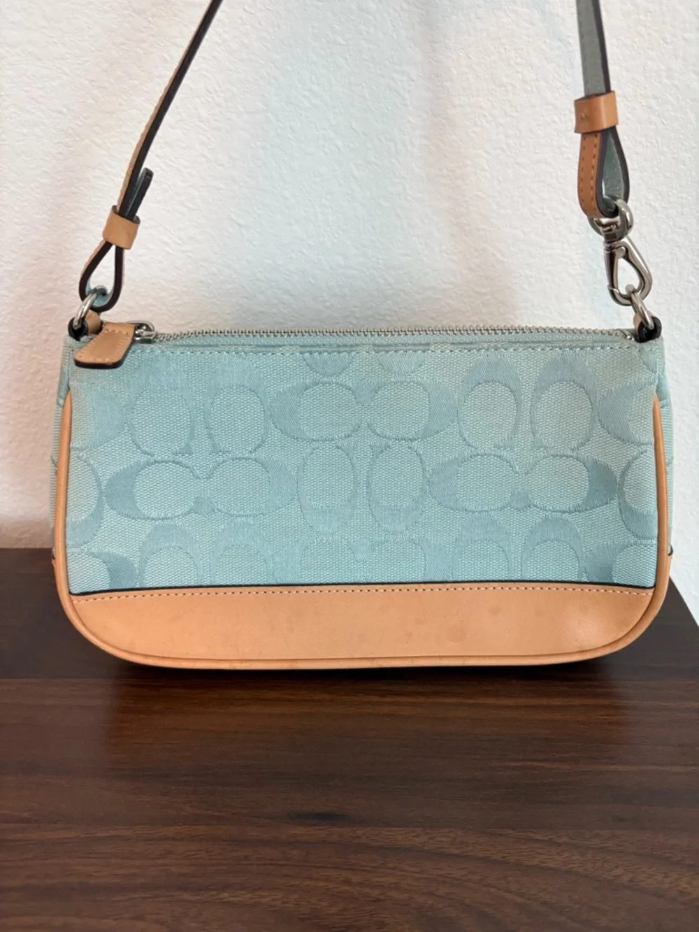 Light Blue Coach purse with Tan Trim - Picture 3 of 6